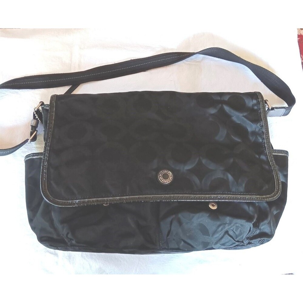 Coach Signature Messenger Bag Baby Diaper Travel Black Nylon Pebble Leather